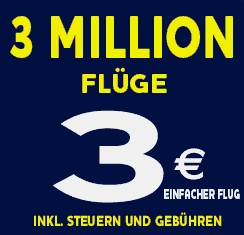 RyanAir: 3 Million Flüge für 3,00 Euro pro Strecke