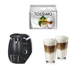 Amazon: Kapselmaschine Tassimo T55 + Tassimo Jacobs Krönung Latte Macchiato + 2x WMF-Gläser ab 28,50 Euro