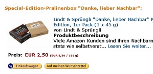 Amazon: Special-Edition-Pralinenbox “Danke, lieber Nachbar” für 2,50 Euro (für die ersten 10.000 Besteller kostenlos)