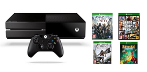 Konsolenbundle Xbox One + Assassin’s Creed: Unity + Black Flag + GTA V + Rayman Legends