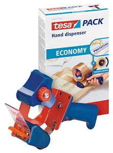 Tesa Tesapack Handabroller (inkl. braunes Packband 50 m x 48 mm, Rot/Blau)