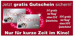 Cinestar: 25 Euro Gutschein kaufen und 5 Euro Gutschein gratis erhalten (oder 50 Euro Gutschein und 10 Euro gratis)