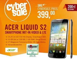 Acer Liquid S2 Smartphone mit Quadcore-CPU, 6 Zoll Display und Android 4.2
