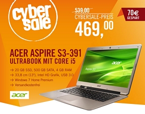 Acer Aspire S3-391-53314G52add 13,3 Zoll Ultrabook mit Core i5-CPU und 500GB HDD/20GD SSD