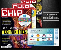 DailyDeal: 3 Ausgaben der CHIP DVD + 10 Euro Tank-Gutschein für 9,99 Euro (effektiv 0,01 Euro Gewinn)