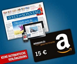 DailyDeal: Welt am Sonntag für 2 Monate für 19,80 Euro lesen und 15 Euro Amazon-Gutschein erhalten (selbstkündigend)