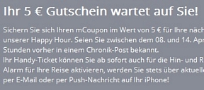 Deutsche Bahn: mCoupon im Wert von 5 Euro über Facebook sichern (ab etwa 14:00 Uhr)