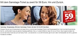 Deutsche Bahn: Mit dem Samstags-Ticket zu zweit für 59 Euro. Hin und Zurück (ab 16.10. buchbar)