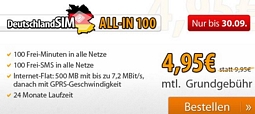 DeutschlandSIM: 100 Freiminuten + 100 Frei-SMS in alle Netze + Internet-Flat für monatlich nur 4,95 Euro (o2-Netz)
