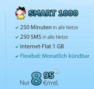 DeutschlandSIM 1000 – 1GB Datenvolumen, 250 Minuten und 250MS im Monat für nur 8,95 Euro
