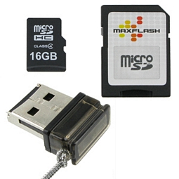 16GB USB Speicher Set von MaxFlash – Class 4 microSDHC Speicherkarte + Nano Cardreader Stick