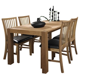 Essgruppe Eiche geölt Tisch 160×90 mit 4 Massivholzstühlen und Ansteckplatte
