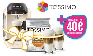 Bosch TASSIMO VIVY inkl. 40 Euro-Gutschein + WMF Gläserset + T Discs Jacobs Latte Macchiato Caramel