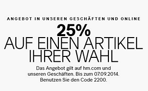 H&M: 25% Rabatt auf einen Artikel (ausgenommen Sale-Ware) + kostenloser Versand