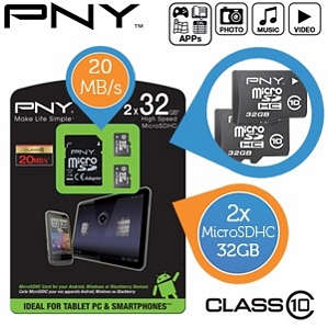Doppelpack PNY 32GB Class 10 High Speed MicroSDHC-Karte + Adapter