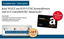 MAGclub: 9x Welt am Sonntag + 10 Euro Amazon-Gutschein + 10 Euro Partner-Gutschein (z.B. Ikea, Saturn, Amazon) für 19,20 Euro
