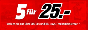 Media Markt – 5 Blu-rays oder CDs für 25 Euro (frei kombinierbar, über 500 Titel)