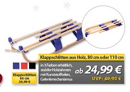 MeinPaket: Holzschlitten zusammenklappbar 80 oder 110 cm in verschiedenen Farben für 24,99 Euro bzw. 29,99 Euro