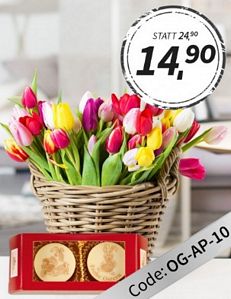 Miflora Ostergnuss – Bunte Tulpen und Sahne-Trüffel für 14,80 Euro zzgl. 5,90 Euro Versand