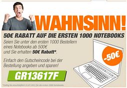 notebooksbilliger.de: 1000 x 50 Euro Rabatt beim Kauf eines Notebooks ab 500 Euro