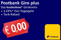 Postbank Giro plus: 55 Euro Startguthaben + 3,33% Zinsen aufs Tagesgeld (nur für Neukunden)