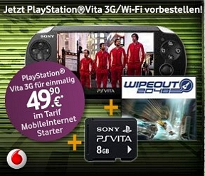 PlayStation Vita 3G+WiFi + 8GB Speicherkarte + Spiel WipeOut 2048 mit Vodafone Vertrag für 49,90 Euro