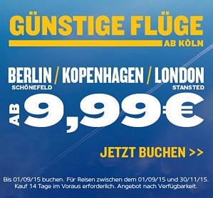 Ryanair: Flüge ab Köln nach Berlin, Kopenhagen, oder London ab 9,99 Euro