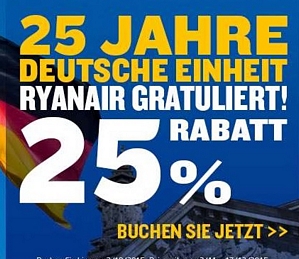 Ryanair: 25 Jahre Deutsche Einheit – 25 Prozent Rabatt