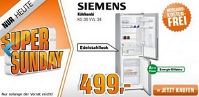 Saturn Super Sunday-Angebote am 25. August u.a. mit der Siemens KG36VVL34 Kühlgefrierkombination für 499 Euro (idealo: 588 Euro)