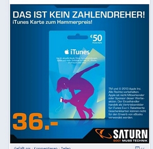 Saturn: 50 Euro iTunes-Karte für nur 36 Euro (nur in den Märkten und nur heute)