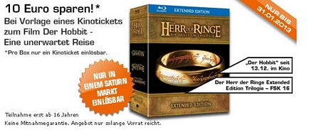 Saturn: Herr der Ringe Extended Edition auf Blu-ray für effektiv 49 Euro bei Vorlage eines Kinotickets zum Film Der Hobbit