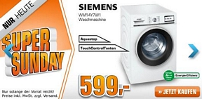 Saturn Super Sunday-Angebote am 13. Januar u.a. mit der Siemens WM14Y7W1 iQ 800 ecoStar Waschmaschine für 599 Euro