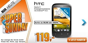 Saturn Super Sunday-Angebote am 27.Januar u.a. mit dem HTC Desire C Smartphone für 119,00 Euro