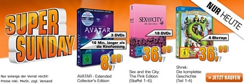 Saturn Super Sunday: Shrekologie auf Bluray für 36,99 Euro, Avatar Extended Bluray für 8,90 Euro oder Sex And The City Superbox auf DVD für 36,99 Euro