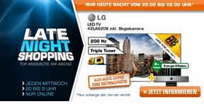 Saturn Latenight-Shopping am 04. September 2013 z.B. mit Bundle LG 42LA6208 42 Zoll TV + LG AN-VC 500 Skypekamera (Vergleichspreis gesamt etwa 650 Euro)