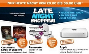 Saturn Latenight-Shopping am 26. Juni 2013 mit z.B. dem Apple Mac mini 2,5 GHz Dual-Core Intel Core i5 MD387D/A für 499 Euro (idealo: 558 Euro)