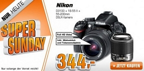 Saturn Super Sunday-Angebote am 09. Juni u.a. mit der Nikon Spiegelreflex-Kamera D3100 18-55II mm + 55-200mm für nur 344 Euro (idealo: 449 Euro)