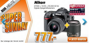 Saturn Super Sunday-Angebote am 16. Juni u.a. mit dem Nikon D7000 Spiegelreflexkamera-Kit für 777 Euro (Preisvergleich: etwa 990 Euro)
