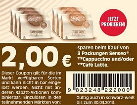 Senseo: 3 Packungen Senseo Cappuccino/Café Latte Pads kaufen und 2 Euro Rabatt erhalten oder 1 Packung kaufen und 50 Cent Rabatt erhalten