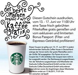 Starbucks Gutschein: Vom 13. – 17 Juni Gutschein vorlegen und einen frischen Kaffee gratis genießen