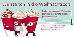Starbucks: Ab dem 15. November in der Zeit von 14 – 17 Uhr ein Weihnachtsgetränk kaufen, und ein Zweites kostenlos dazu erhalten