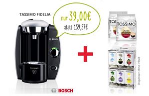 Tassimo T40 Fidelia Kapselmaschine + 20 EUR Gutschein + WMF Gläser + T Discs + Milka Pralinen