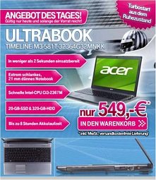 Acer Timeline M3-581T-32364G32Mnkk Ultrabook mit Intel Core i3-CPU, 4GB Ram und 20GB SSD/320GB HDD