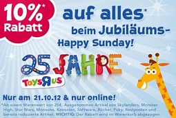 Toys’R'us: Nur heute 10 Prozent auf alles (ab 25 Euro Warenwert)