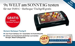 9x WELT am SONNTAG + Barbeque-Tischgrill + 10 ShoppingBon-Gutschein für 19,80 Euro