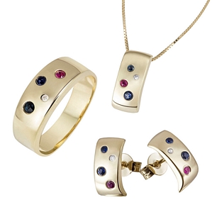 Goldmaid Ring, Kette oder Ohrringe 375 Gelbgold mit Rubin, Diamanten und Saphir