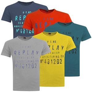 Replay Herren Rundhals T-Shirt A14BASI Petrol, Navy, Gelb, Grau, Orange
