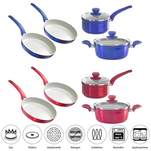 Style’n Cook 6er Pfannen-Topfset bright red/blue Kasserolle Glasdeckel Induktion