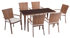 6 Stühle + Tisch Gartenmöbel stapelbar PolyRattan Sitzgruppe braun + Auflage