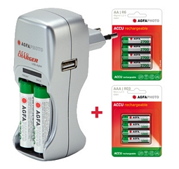 AGFAPhoto Ladegerät mit USB-Charger + 6xAA-Akkus 2.700mAh + 4xAAA-Akkus 1.000mAh
